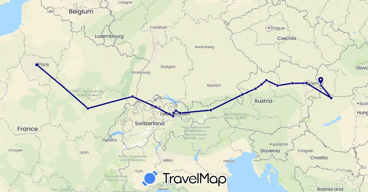 TravelMap itinerary: driving in Austria, Switzerland, France, Hungary, Slovakia (Europe)